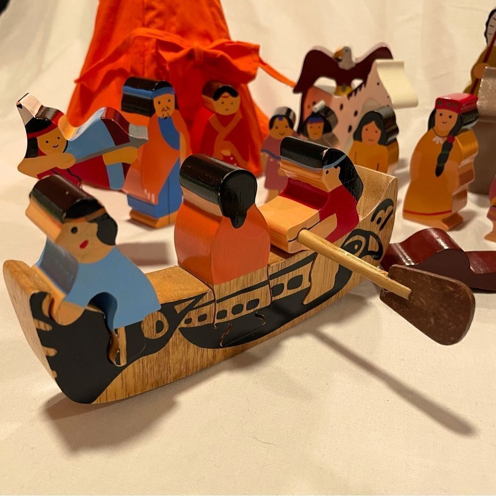Hand painted indigenous American scene with Animals canoe teepee Buffalo eagle